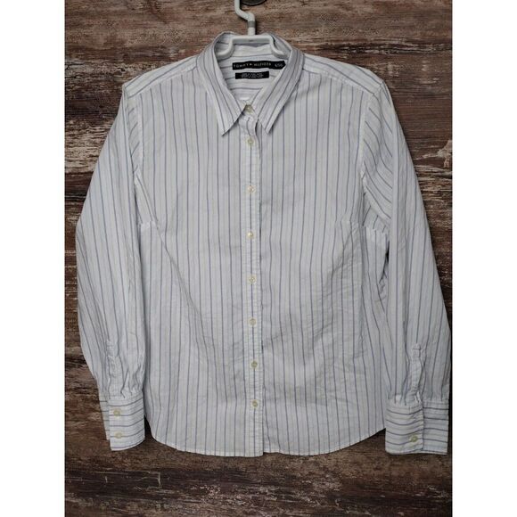 Vintage 90s? Tommy Hilfiger Blue & White Stripped Shirt SZ XL Hong Kong Womens - Picture 1 of 11